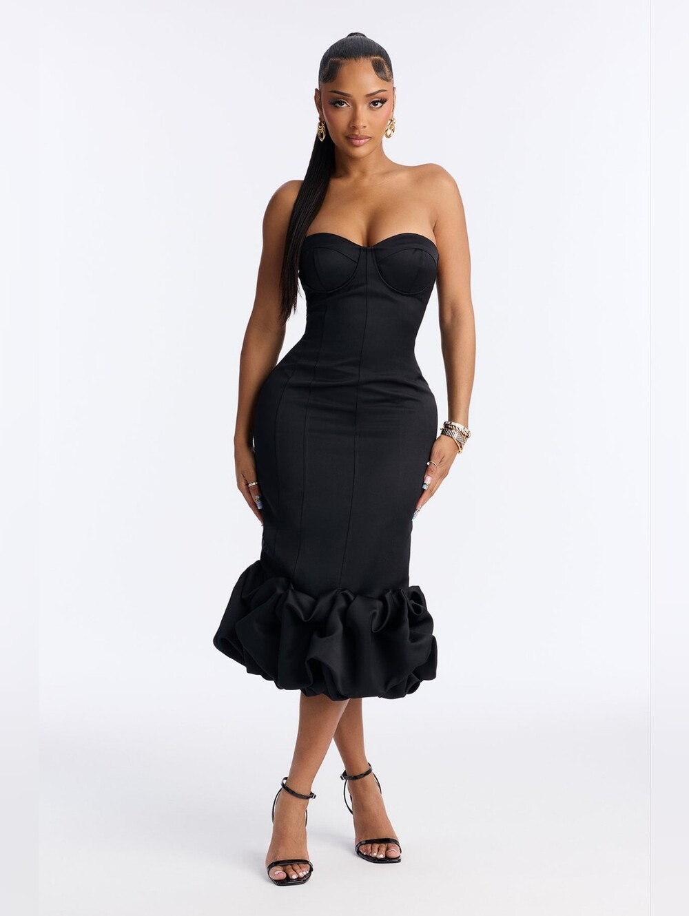 Fashion Nova Black Strapless Midi Ruffle-Hem Dress